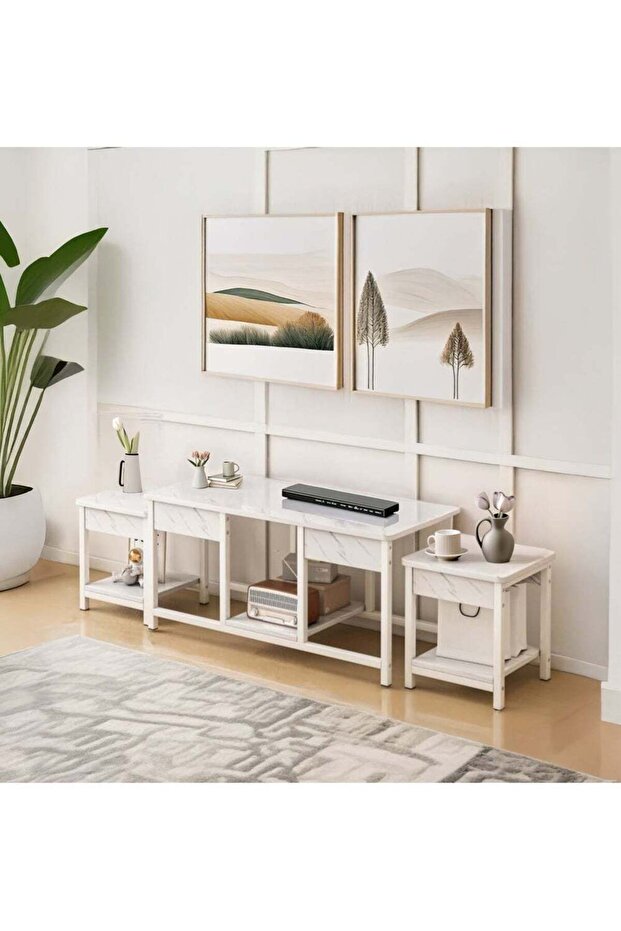 طاولات قهوة متداخلة قابلة للتكديس مكونة من 3 قطع، طاولات جانبية/طاولات تلفزيون - رخام أبيض - 1