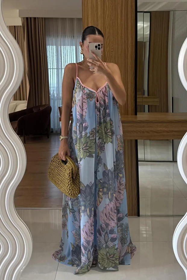 Lunessa Mavi Çiçek Desen Elbise - 4