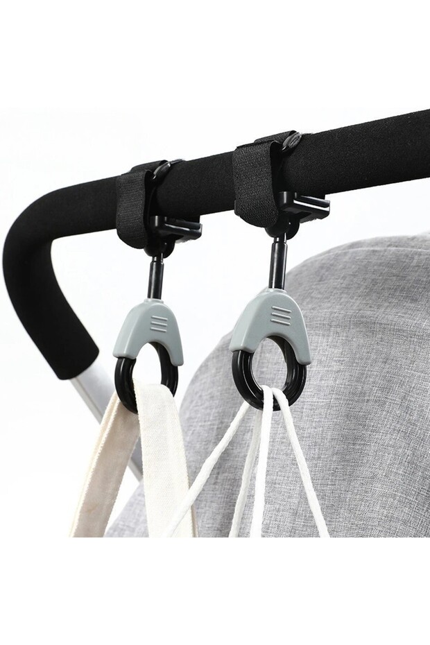 Set 2 Hooks for Stroller, Flippy, Plastic and Velcro, Max Load 2 kg, Black - 5