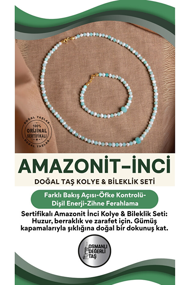 Certified Amazonite Pearl Natural Stone Silver Closure Necklace(45cm) & Bracelet Set(18cm)