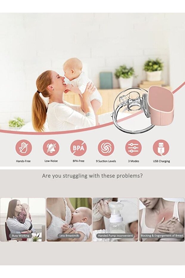Wearable Electric Breast Pump,Low Noise,Rechargeable, Leak-Proof