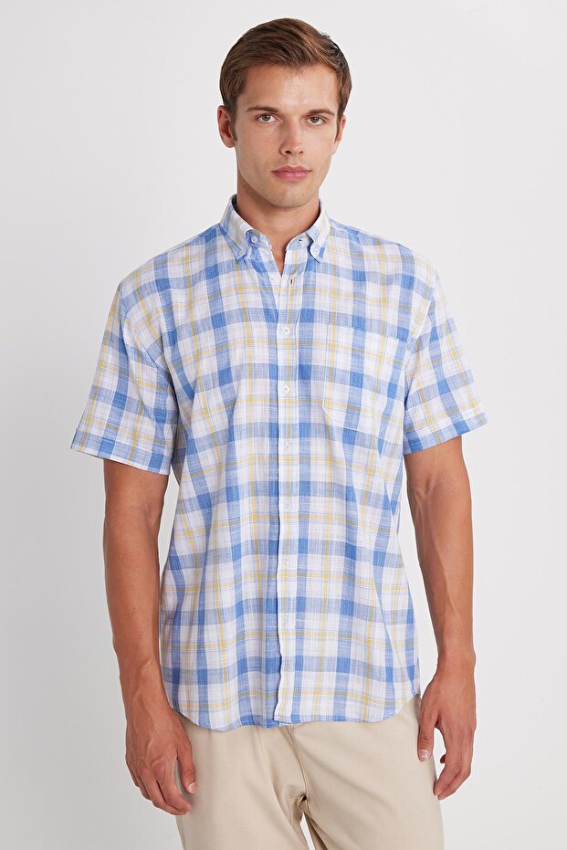 Men's Regular Fit Classic Cut Oversized 100% Cotton Linen Texture Pocketed Checked Short Sleeve Shirt