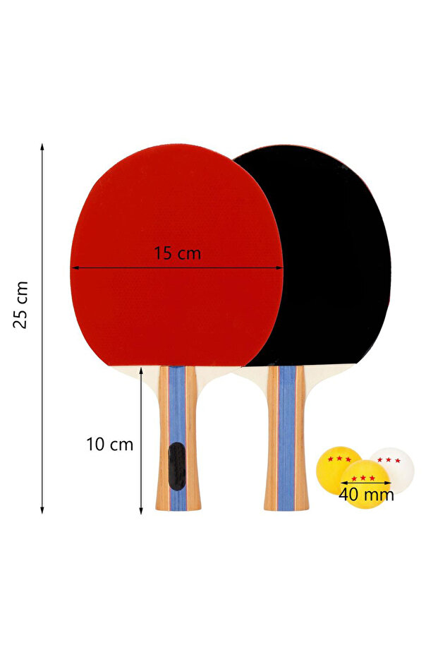 Set of 2 ping pong paddles, with 3 balls, 25x15cm, black with red - 10