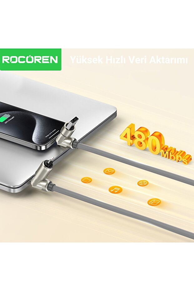 240W 4'ü 1 Arada Type-C / USB-A / Lightning Gri Silikon Şarj ve Data Kablosu 1.2 Metre - 6