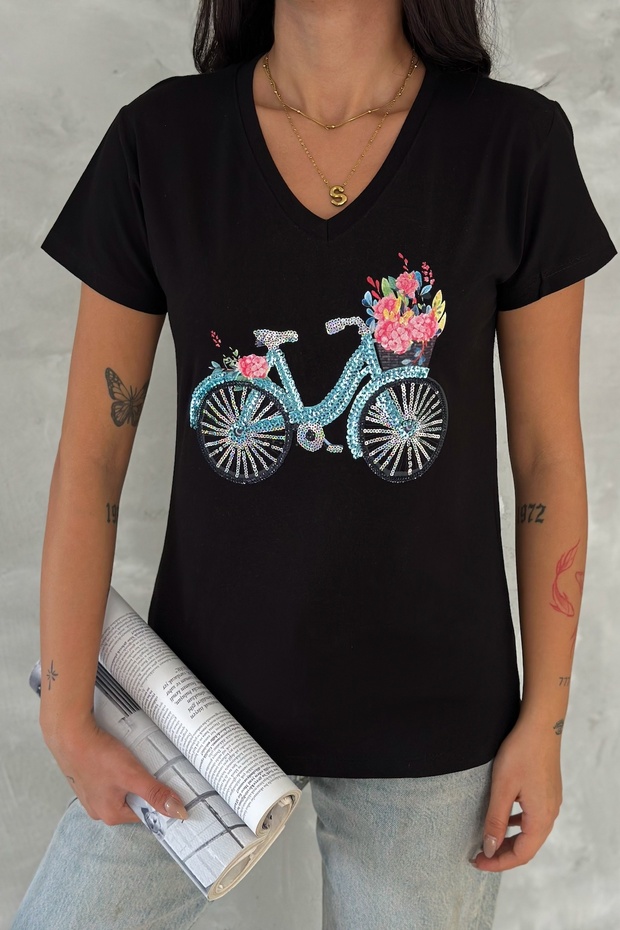 Bicycle Pul Embroidered V Neck Black Women's 100% Cotton T-Shirt