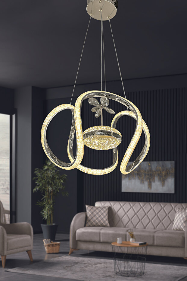 Dünya Eliza Simli Slikonlu Tek Toplu Modern Oturma Led Avizesi Kumandasız Krom - 6
