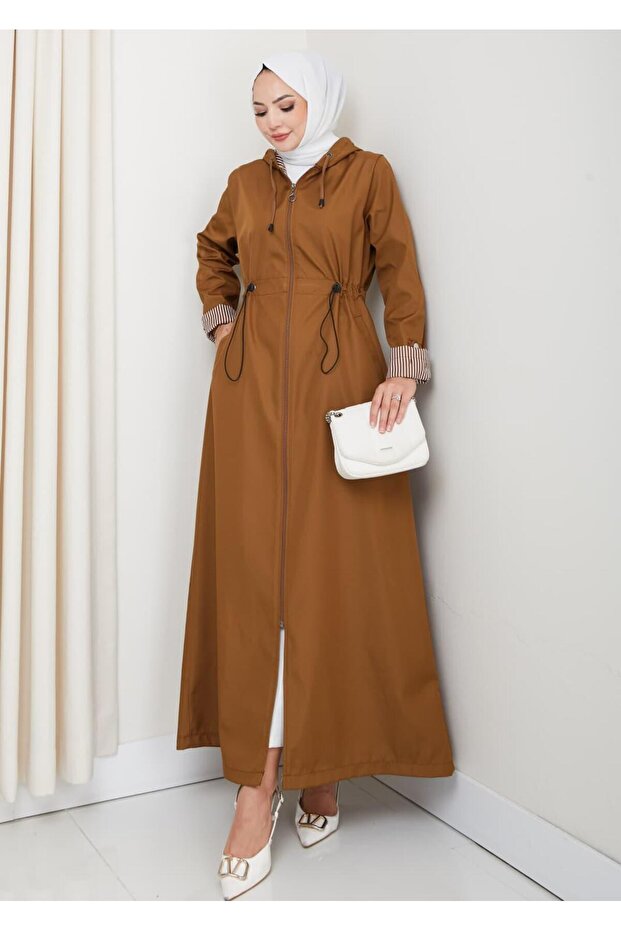 Women's Hooded Tan Bondit Coat with Line Detail