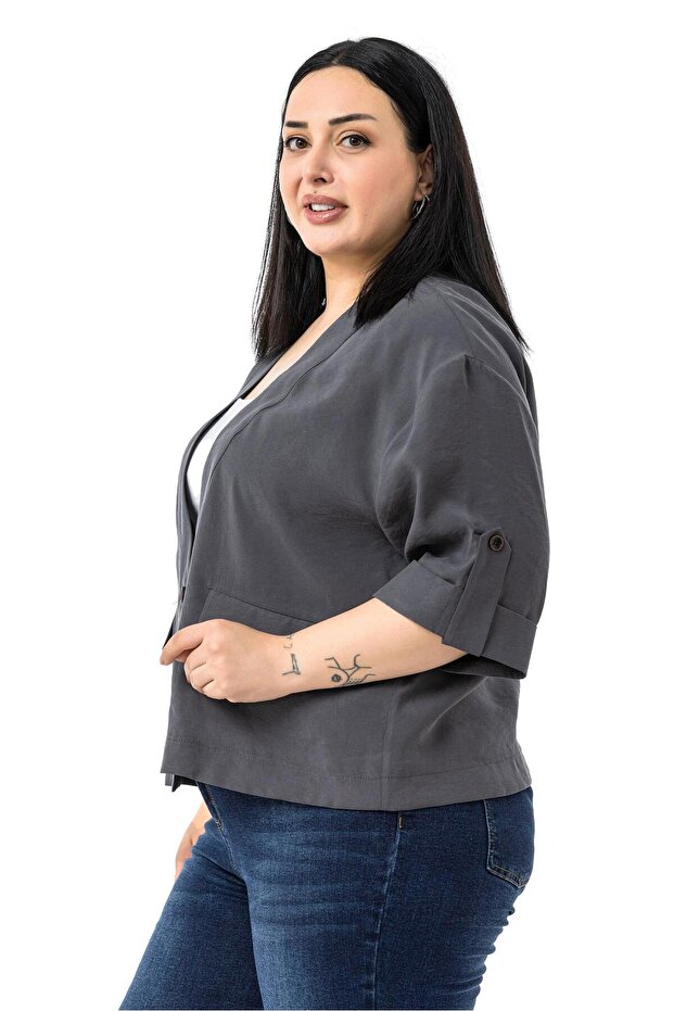 Plus Size Single Button Short Anthracite Jacket with Low Half Sleeves Epaulettes Pockets - 5