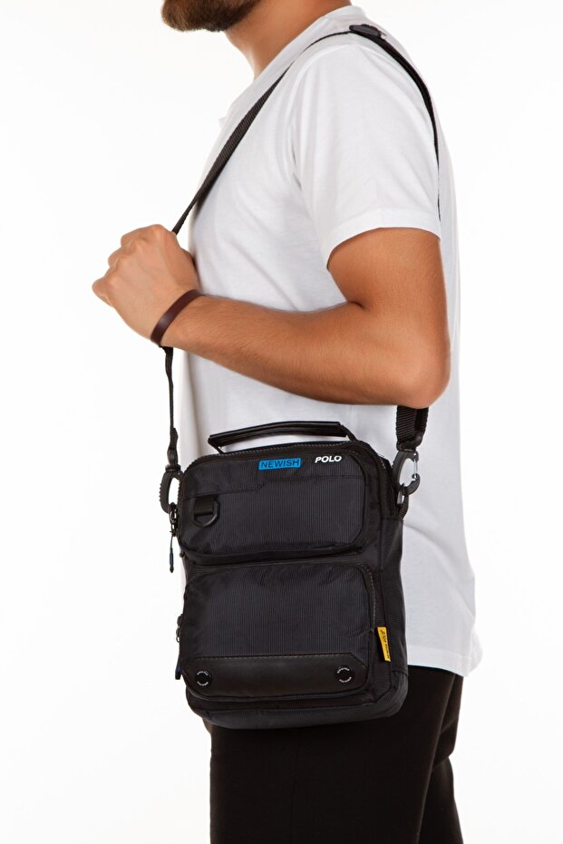 Men's Black Blue Fabric Functional Cross Strap Postman Waist and Shoulder Bag
