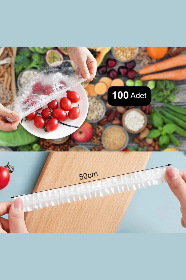 Lastikli Buzdolabı Poşeti 50x40cm Şeffaf Gıda Yiyecek Saklama Torbası Piknik Kamp Poşeti 100 Adet - 4