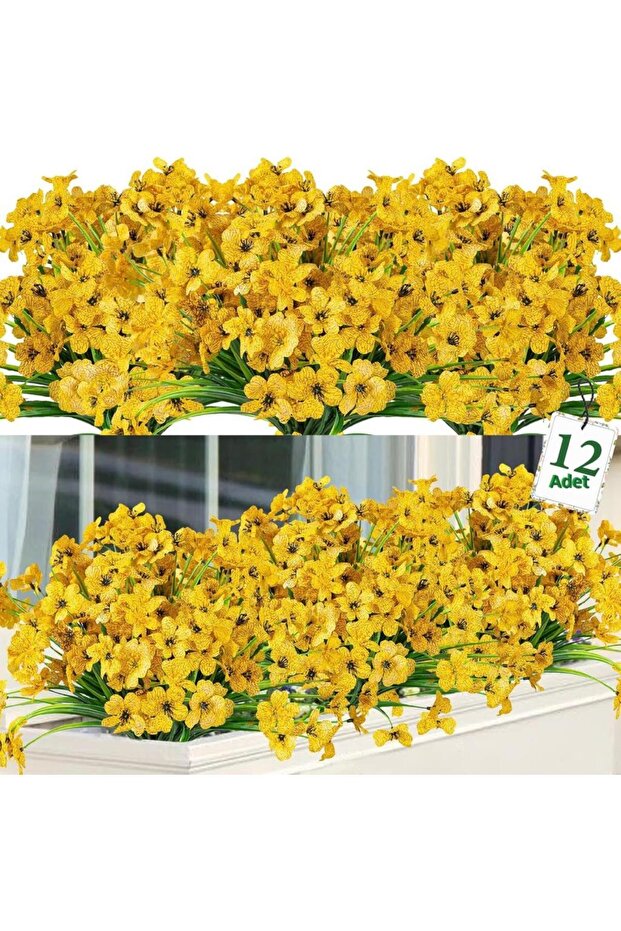 12li Set Yapay Çiçek Sazlı Mine Sarı Renk 5 Dallı 33cm - 1