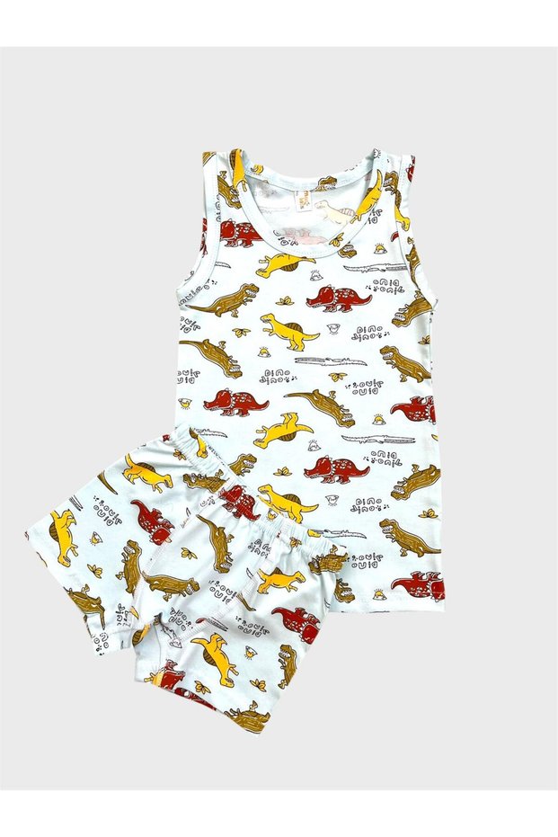 Boy's Cotton Blue Dinosaur Patterned Undershirt Boxer Set