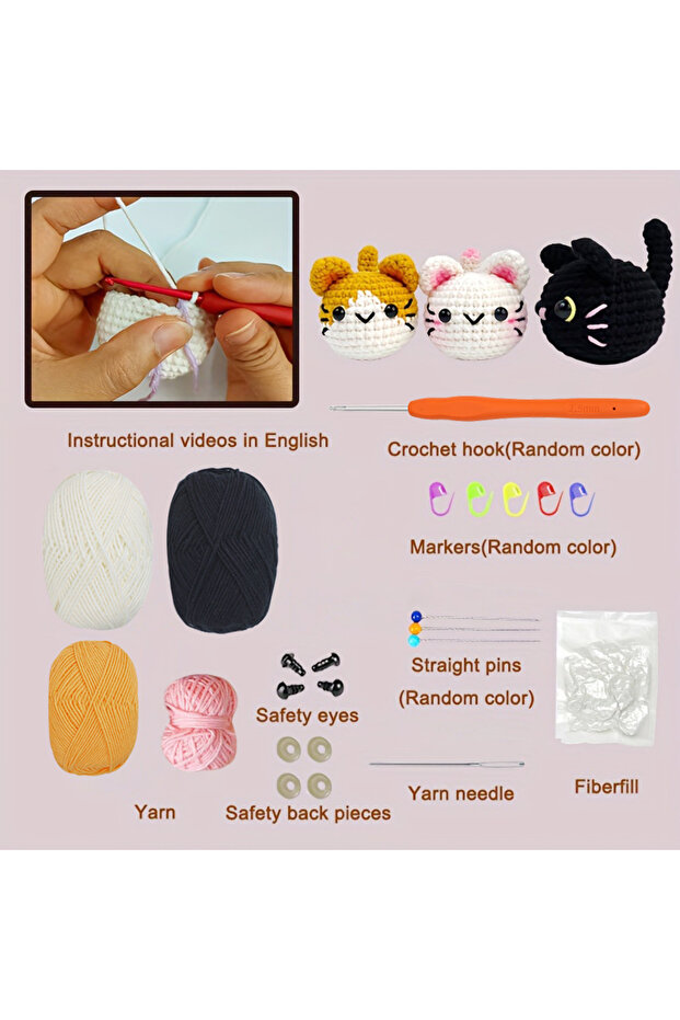 3pcs Cat 3pcs Cat Amigurumi, Crochet Kit for Beginner, Step-by-Step Video Tutorial Included - Craft