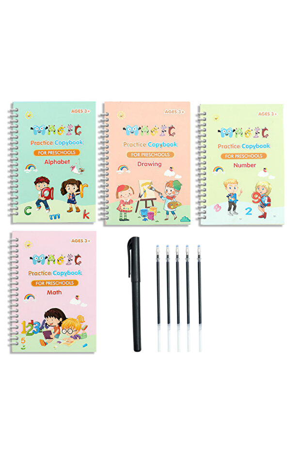 4 books 3D Groove Writing Pad Children's Magic Practice Copybooks Set with Pen Reusable Kids Workboo