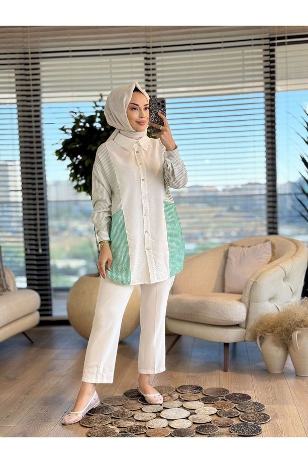 2091 Yanları Çizgi Ve Dantelli Gömlek - 1