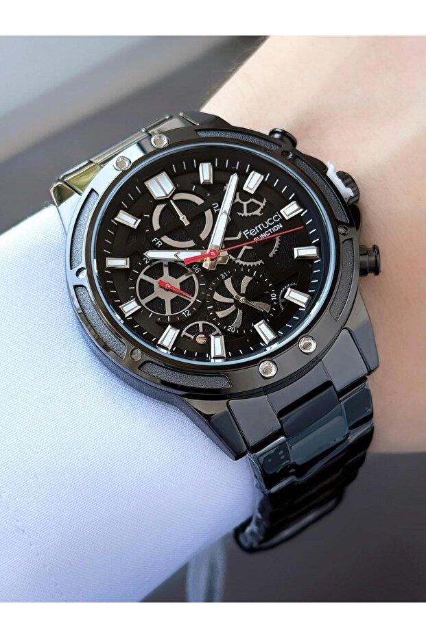 Function Men's Wristwatch Black Dial Red Detailed Black Metal Cord Sports Design