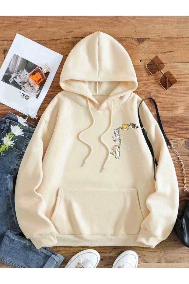 Beige Women's Colorful Cat Special Chest Printed Oversize Cotton Hoodie