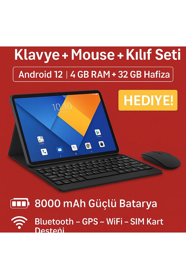 🔹 10.1" HD Tablet Seti | Android 12 | Klavye + Mouse + Kılıf HEDİYE - 1
