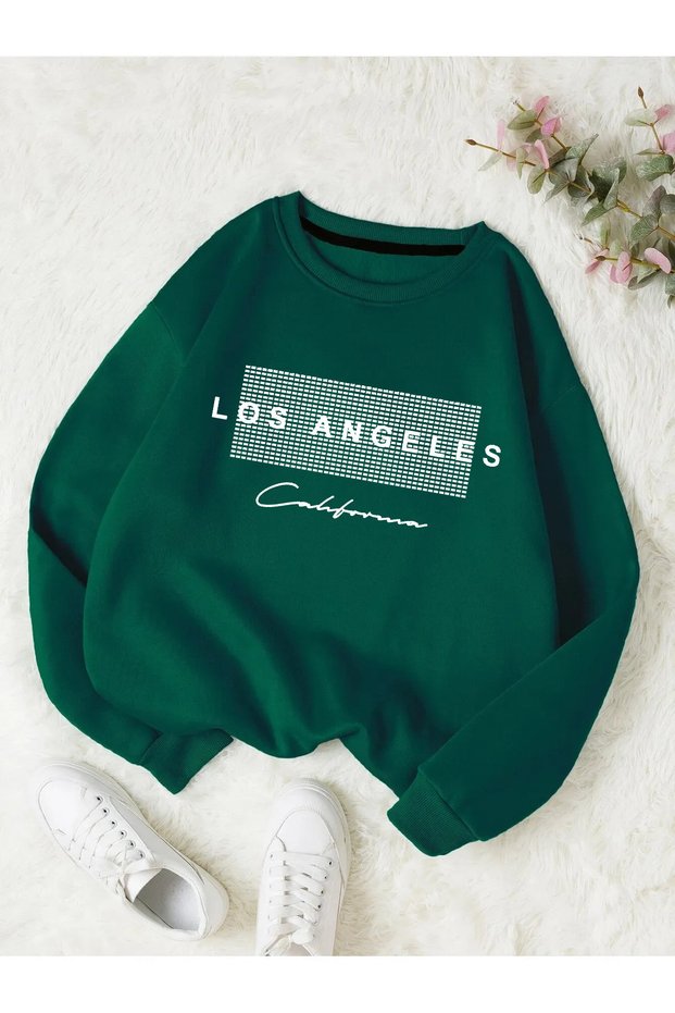 Khaki Unisex Women/Men Detailed Los Angeles Custom Printed Colorful Oversize Crew Neck Cotton