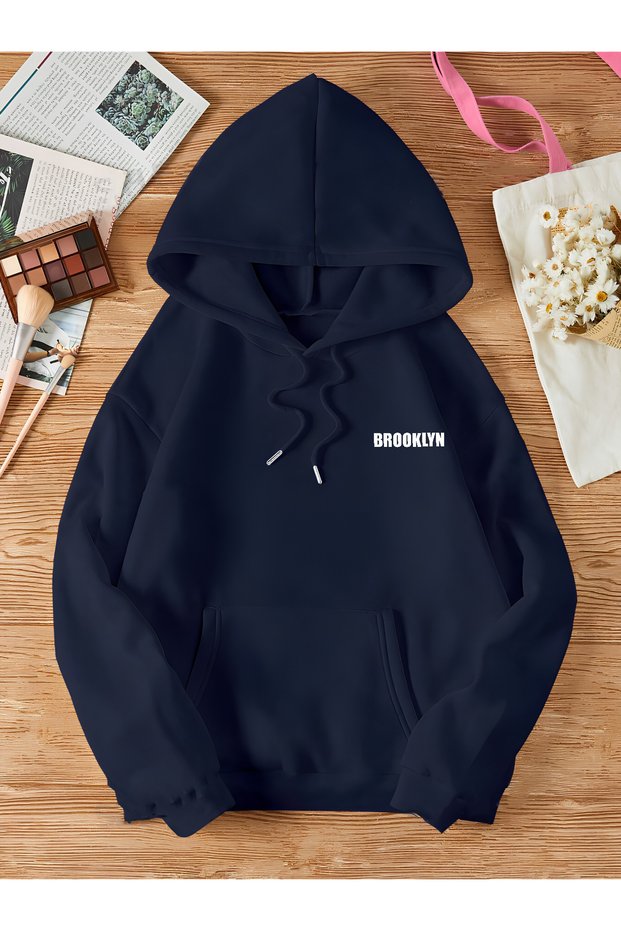 Navy Blue Unisex Women/Men Brooklyn Colorful Custom Printed Cotton Oversize Hoodie
