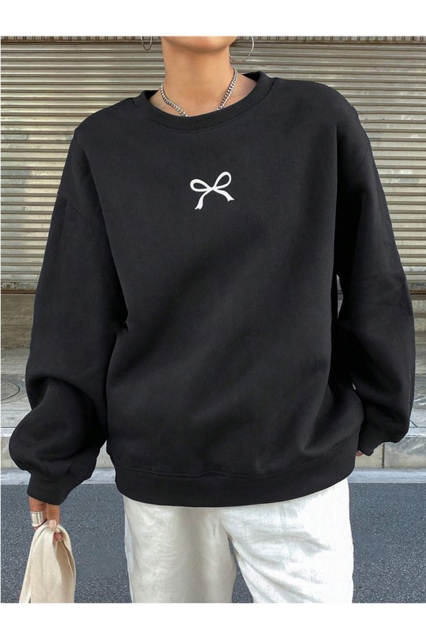 Black Unisex Men/Women's Ribbon Special Colored Oversize Crew Neck Cotton