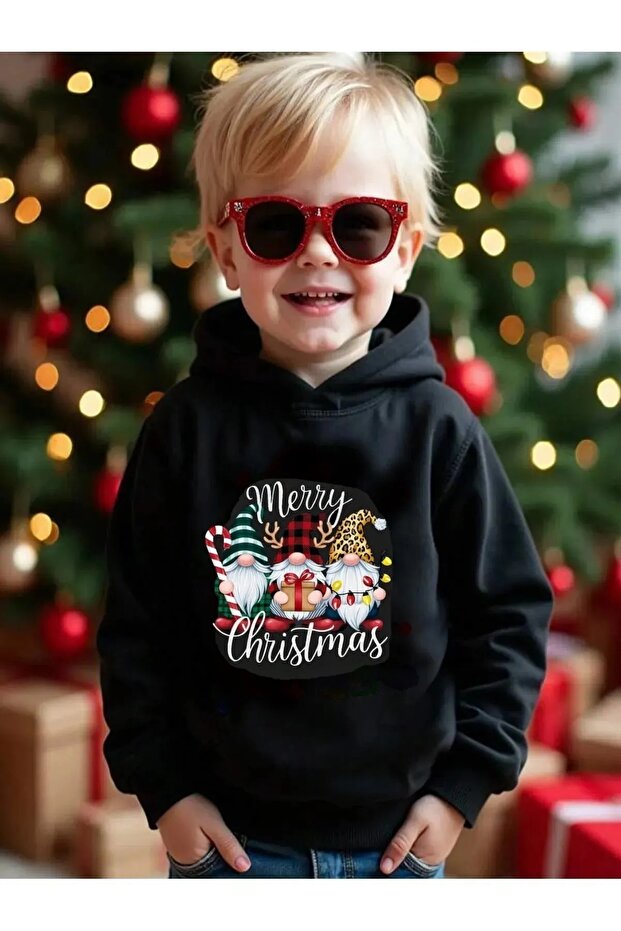 Children's New Year's Themed Printed Hooded Sweatshirt