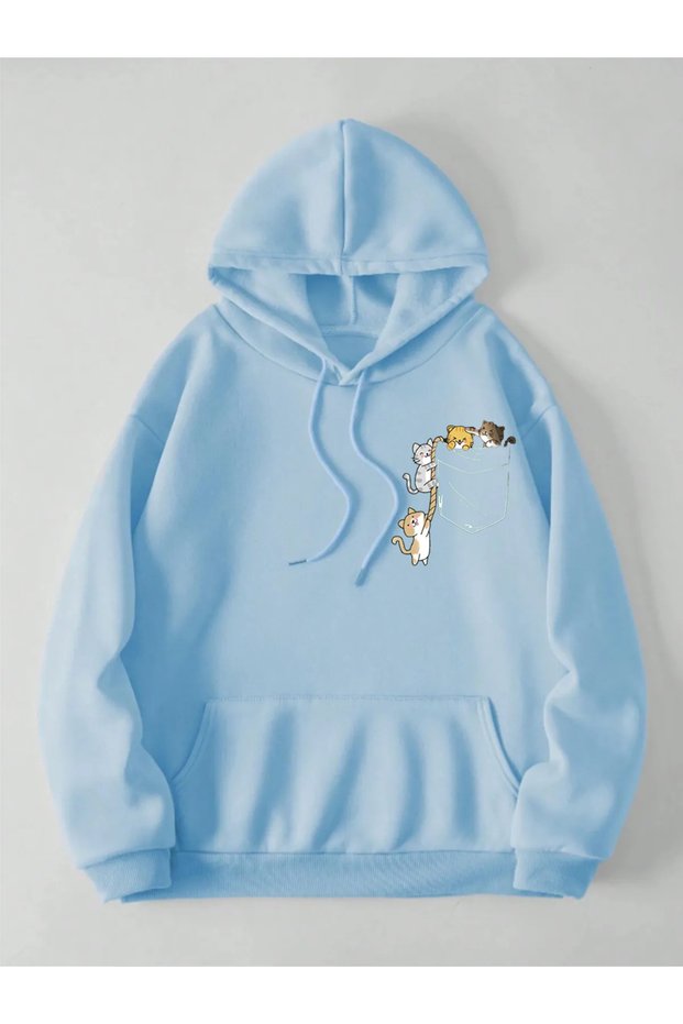 Beige Women's Colorful Cat Special Chest Printed Oversize Cotton Hoodie