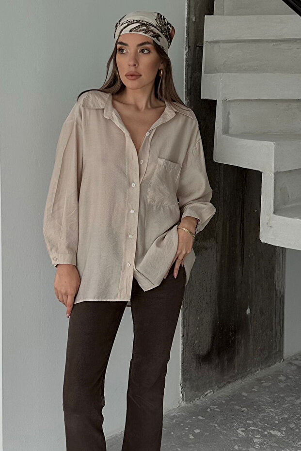 Kadın Bej Tek Cepli Uzun Kol Oversize Gömlek Vs00660 - 4