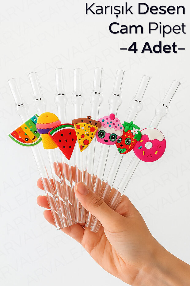 Cino Kişiselleştirilebilir Karışık Desenli Cam Pipet | Kalın Cam Pipet - 4 Adet - 1
