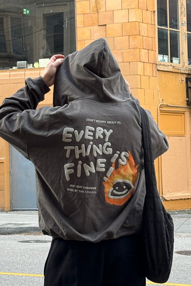 هودي سويت شيرت كبير الحجم للجنسين مطبوع عليه Every Thing Is Fine - بقلنسوة، جيب الكنغر، 3 خيوط