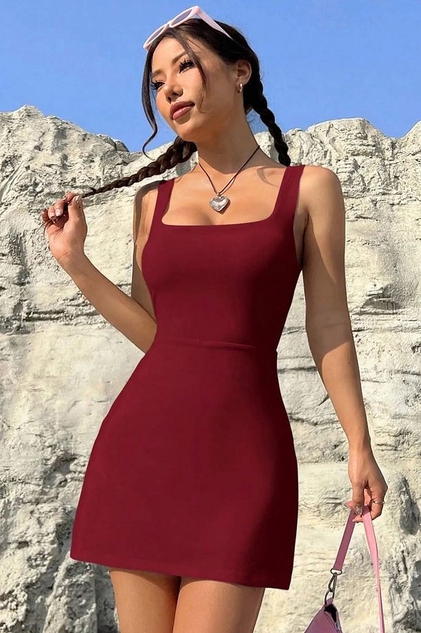 Askılı Kare Yaka Şortlu Mini Elbise - 5