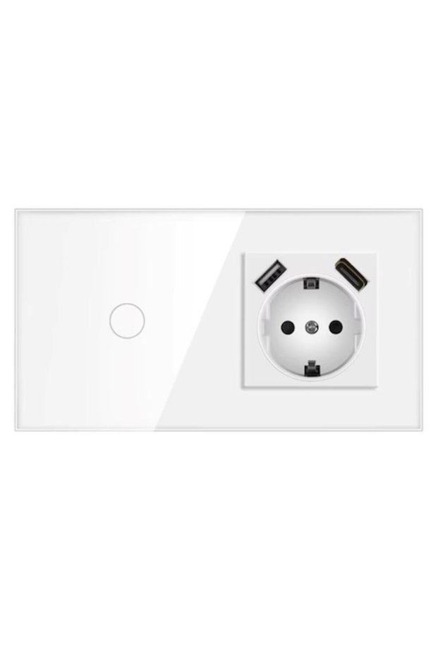 Socket with Touch Switch, USB, USB C, Tempered Glass, White