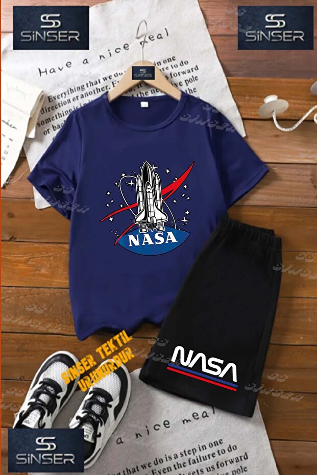 Children's Unisex "Space Shuttle Nasa Logo In" Special Printed Crew Neck T-Shirt - Shorts Set