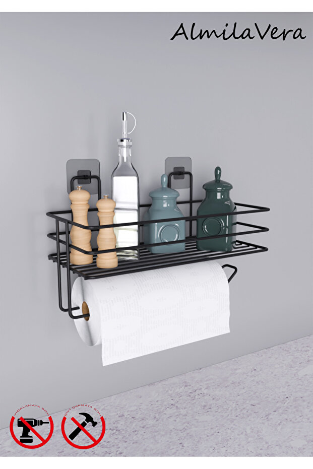 Yapışkanlı Raflı Kağıt Rulo Havluluk Peçetelik Siyah Banyo Mutfak Düzenleyici Raf - 1