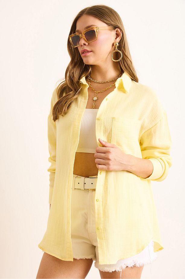 Kadın Açık Sarı Oversize Basic Müslin Gömlek GML-19001217 - 6