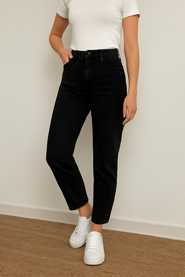 Evla Black Women's Mom Jean High Waist Lycra Cotton Jeans