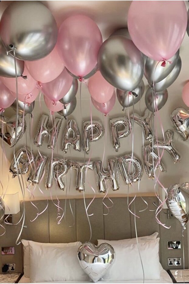 Pink Silver Happy Birthday Birthday Balloon Set