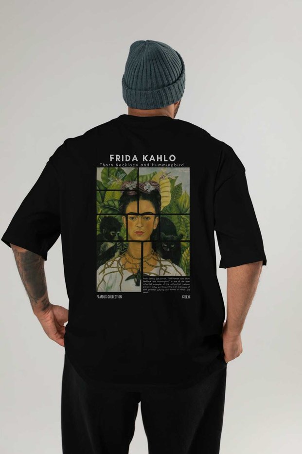 Frida Kahlo Back Printed Black Oversize T-Shirt Men Women Crew Neck Cotton Tshirt