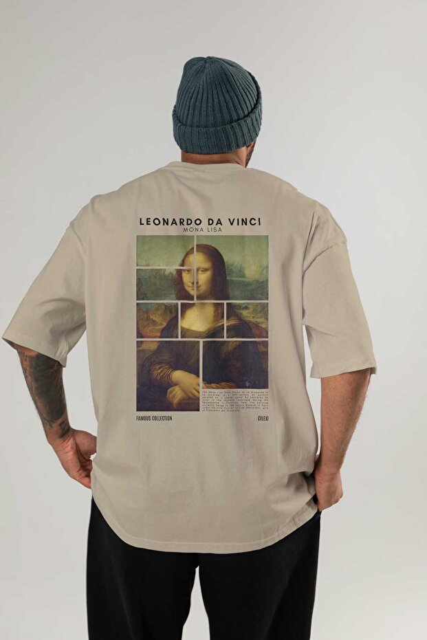 Leonardo Da Vinci Mona Lisa Back Printed Beige Oversize T-Shirt Men Women Crew Neck Cotton T-Shirt