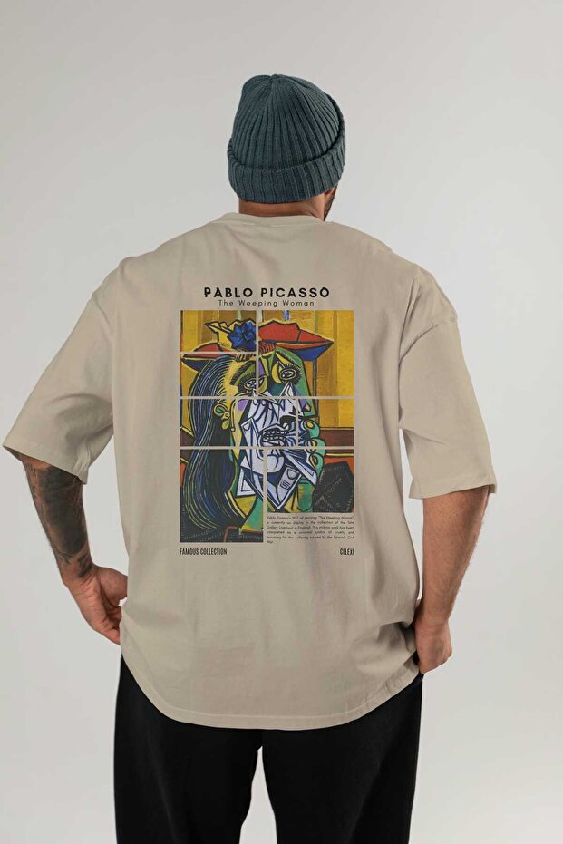 Pablo Picasso Back Printed Beige Oversize T-Shirt Men Women Crew Neck Cotton Tshirt