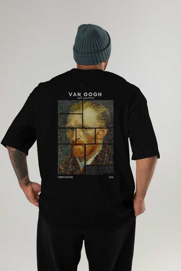 Van Gogh Self Portrait Back Printed Black Oversize T-Shirt Men Women Crew Neck Cotton T-Shirt