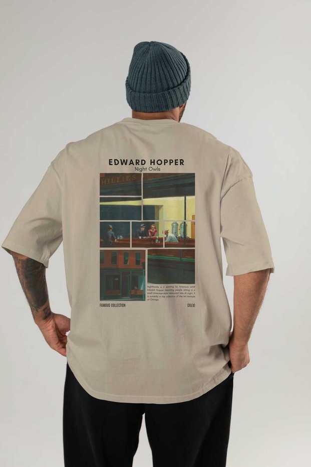 Edward Hopper Night Owls Back Printed Beige Oversize T-Shirt Men Women Crew Neck Cotton T-Shirt