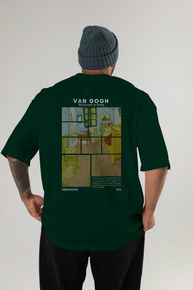 Van Gogh Back Printed Green Oversize T-Shirt Men Women Crew Neck Cotton T-Shirt