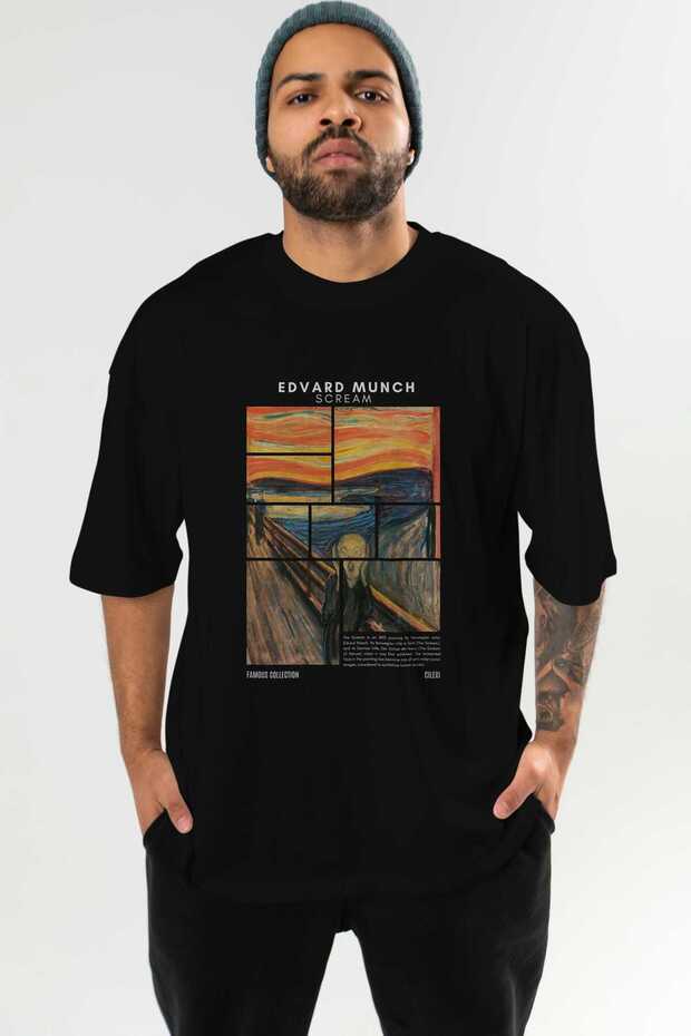 Edvard Munch Scream Front Printed Black Oversize T-Shirt Men Women Crew Neck Cotton t Shirt