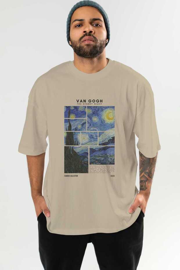 Van Gogh the Starry Night Front Printed Beige Oversize T-Shirt Men Women Crew Neck Cotton T-Shirt