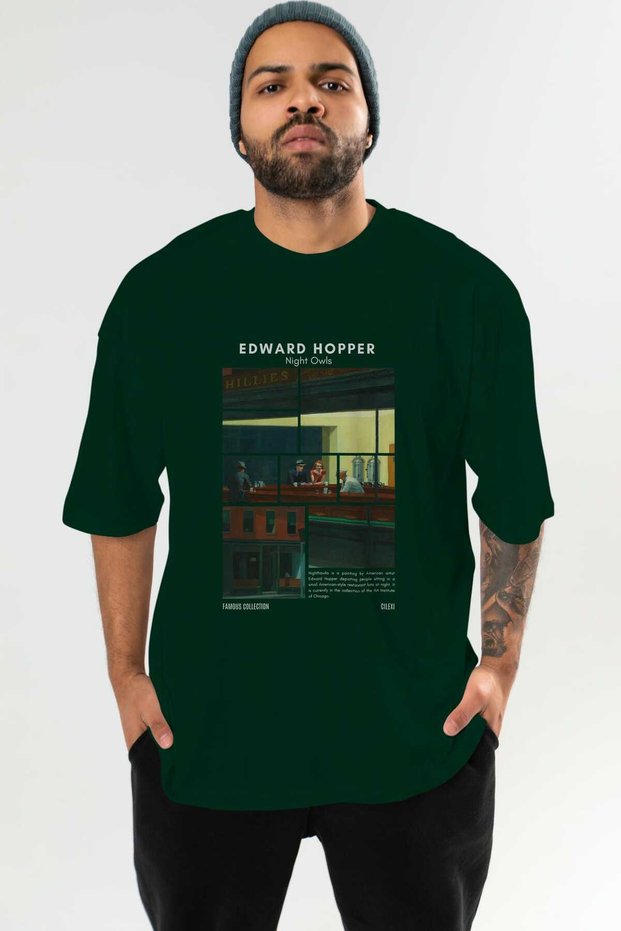 Edward Hopper Night Owls Front Printed Green Oversize T-Shirt Men Women Crew Neck Cotton t Shirt