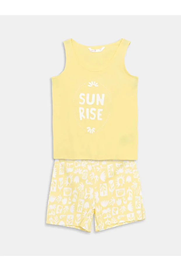LCW DREAM Sari Bisiklet Yaka Baskılı Kadın Şortlu Pijama Takımı - 3