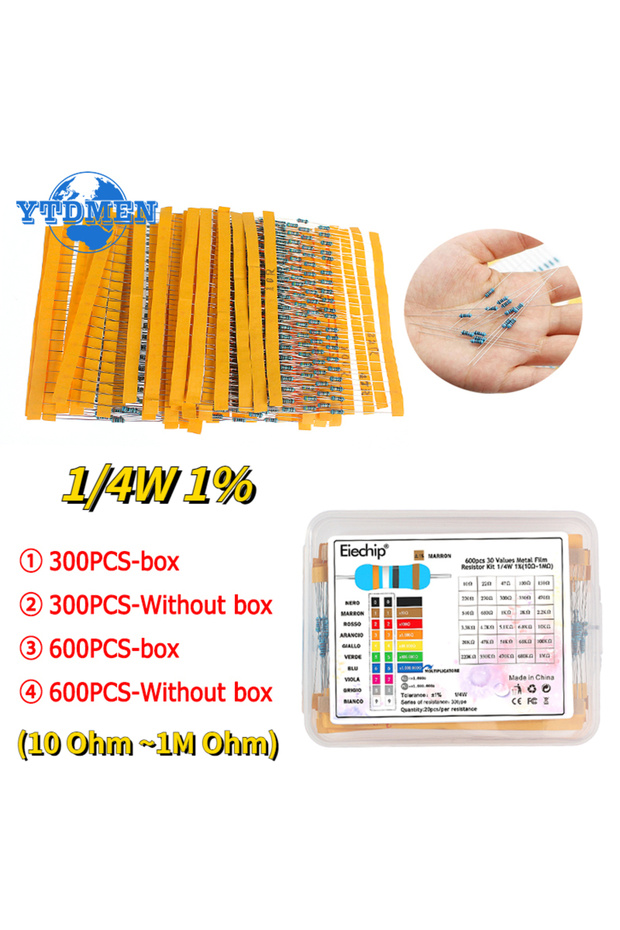 YTDMEN 300PCS-box 300/600pcs 30Values 1/4W Metal Film Resistor Kit 10Ohm ~1M Ohm Resistance 1% Set o