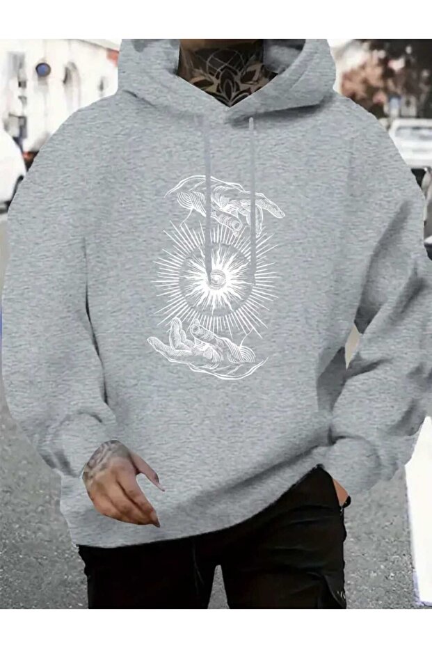 T-Shirt Symbol Printed Hooded Pocket Wool Inside Gray Sweatshirt