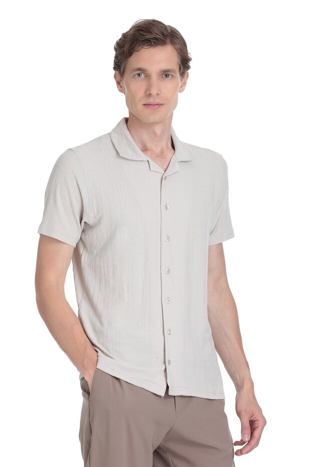 Ecru Regular Fit Lapel Collar Shirt